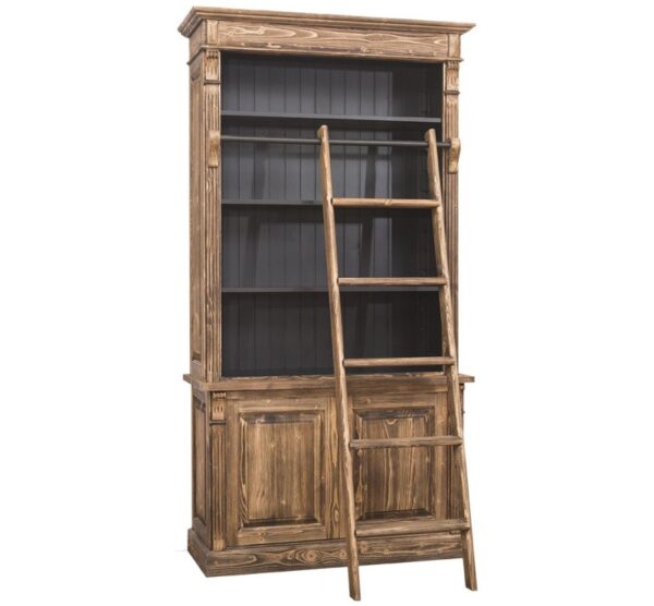 Landelijke buffetkast met deuren, planken en ladder. De buffetkast heeft onder 2 deuren naast elkaar. Bovenaan de kast zitten vier planken met daarvoor een trap. Gemaakt van massief eiken hout in de kleur rustiek warm bruin hout met zwarte binnenkantl. Het meubel kan op verschillende manieren geverfd worden in verschillende kleuren en kan op maat gemaakt worden. Villa Laura