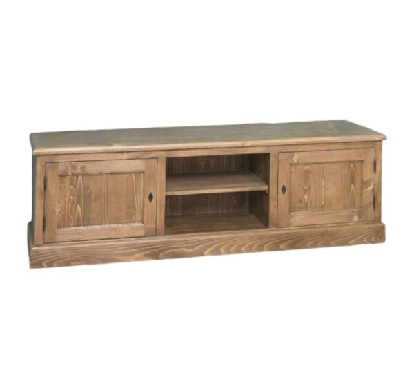 Landelijk tv meubel met 2 kastjes en 2 open vakken. Gemaakt van massief hout eiken in de kleur warm eiken. Het tv meubel kan op verschillende manieren geverfd worden in verschillende kleuren en kan op maat gemaakt worden. Villa Laura