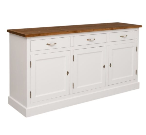 Landelijk dressoir met 3 lades en deuren. gemaakt van massief hout in de kleur wit met naturel licht eiken blad. kan op maat gemaakt worden. Villa Laura