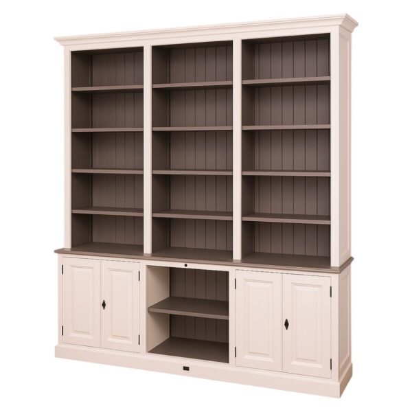 Landelijke boekenkast/buffetkast met open vakken, deuren, lades en trap/ladder. Gemaakt van massief eiken hout in de kleur lichtgroen, salie, grijs met wit. Het meubel kan op verschillende manieren geverfd worden in verschillende kleuren en kan op maat gemaakt worden. Villa Laura