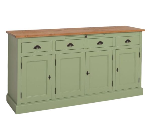 landelijk dressoir met lades, deuren uitschuifbare plank voor veel opbergruimte. Gemaakt van massief hout in de kleur groen met bruin naturel blad. Het kan op maat gemaakt worden. Villa Laura