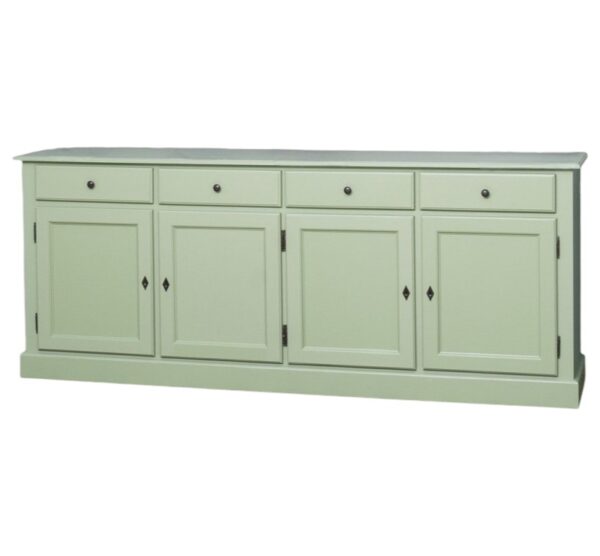 Landelijk dressoir met 4 lades en 4 deuren. gemaakt van massief hout in de kleur licht groen. kan op maat gemaakt worden. Villa Laura