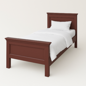 Landelijke, klassieke, romantisch houten eenpersoons bed met twee lades. Gemaakt van massief hout eiken in de kleur bordeaux rood, roodbruin. Het bed kan op verschillende manieren geverfd worden in verschillende kleuren en kan op maat gemaakt worden. Villa Laura