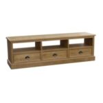 Landelijke tv meubel met 3 lades en 3 open vakken voor opbergruimte. Gemaakt van massief eiken hout in de kleur wax finish naturel blad. Het tv meubel kan op verschillende manieren geverfd worden in verschillende kleuren en kan op maat gemaakt worden. Villa Laura