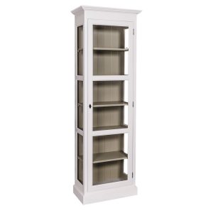 Landelijke boekenkast met zes vakken met lange deur met glas. Gemaakt van massief eiken hout in de kleur wit met olijfgroene binnenkant. Het meubel kan op verschillende manieren geverfd worden in verschillende kleuren en kan op maat gemaakt worden. Villa Laura