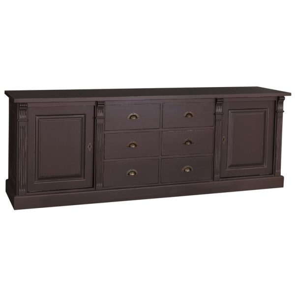 Landelijk klassiek dressoir met lades en deuren. Het dressoir heeft aan beide kanten een deur en in het midden zes lades, drie onder elkaar met een komgreep. Gemaakt van massief eiken hout in de kleur donkerbruin. Het meubel kan op verschillende manieren geverfd worden in verschillende kleuren en kan op maat gemaakt worden. Villa Laura