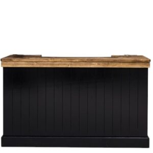 Moderne bar met 4 grote vakken en 2 kleine lades voor genoeg opbergruimte. Gemaakt van massief hout in geheel de kleur zwart en het bovenblad in de kleur eiken bruin. De bar kan op verschillende manieren geverfd worden in verschillende kleuren en kan op maat gemaakt worden. Villa Laura