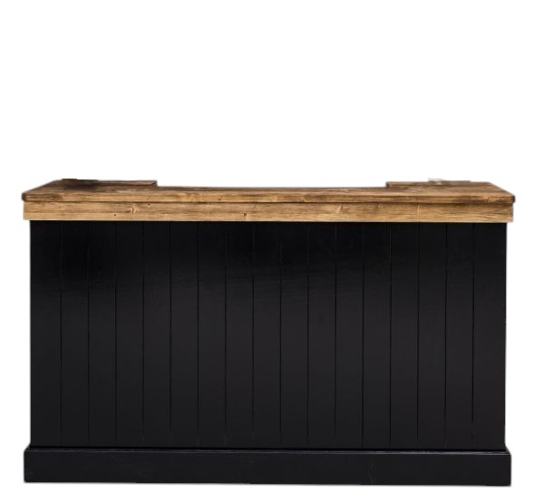 Moderne bar met 4 grote vakken en 2 kleine lades voor genoeg opbergruimte. Gemaakt van massief hout in geheel de kleur zwart en het bovenblad in de kleur eiken bruin. De bar kan op verschillende manieren geverfd worden in verschillende kleuren en kan op maat gemaakt worden. Villa Laura
