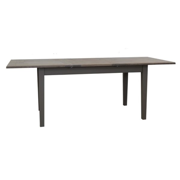 Moderne uitschuifbare rechthoekige tafel die op maat gemaakt kan worden. De kleur van het onderstel is de kleur grijs en de kleur van het tafelblad is van dennenhout en waterafstotend finish - grijs. Villa Laura