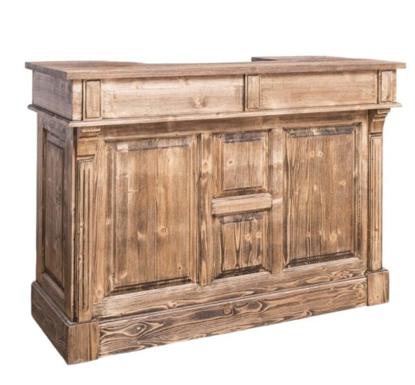 Modern landelijke eiken bar/balie/toonbank met 2 lades, 1 kastje en 4 vakken voor opberg. De volledige kast is in de kleur blauw en het bovenblad is in de kleur rustiek warm bruin hout. Villa Laura