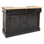 Modern landelijke eiken bar/balie/toonbank met 2 lades, 1 kastje en 4 vakken voor opberg. De volledige kast is in de kleur blauw en het bovenblad is in de kleur hoogglans zwart met licht eiken blad. Villa Laura