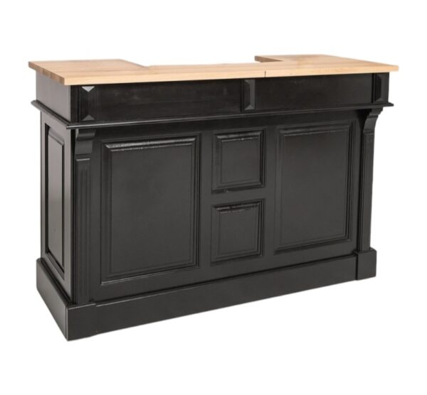 Modern landelijke eiken bar/balie/toonbank met 2 lades, 1 kastje en 4 vakken voor opberg. De volledige kast is in de kleur blauw en het bovenblad is in de kleur hoogglans zwart met licht eiken blad. Villa Laura