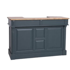 Modern landelijke eiken bar/balie/toonbank met 2 lades, 1 kastje en 4 vakken voor opberg. De volledige kast is in de kleur blauw en het bovenblad is in de kleur antraciet, donker blauw. Villa Laura
