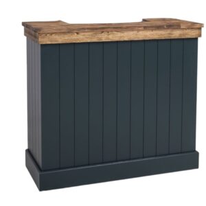 Moderne bar met 4 vakken en 2 kleine lades voor genoeg opbergruimte. Gemaakt van massief hout in geheel de kleur donker petrol, antraciet en het bovenblad in de kleur eiken bruin. De bar kan op verschillende manieren geverfd worden in verschillende kleuren en kan op maat gemaakt worden. Villa Laura