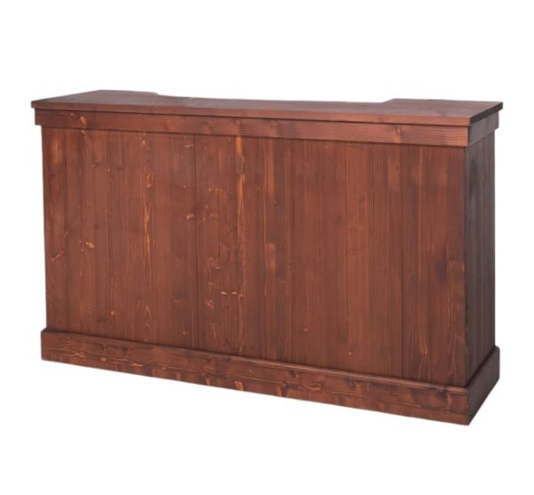Moderne bar, balie, toonbank met latjes. het heeft 4 grote vakken en 2 kleine lades voor genoeg opbergruimte. Gemaakt van massief hout in geheel de kleur roodbruin kersen walnoot hout. De bar kan op verschillende manieren geverfd worden in verschillende kleuren en kan op maat gemaakt worden. Villa Laura