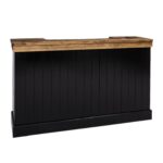 Moderne bar, balie, toonbank met latjes. het heeft 4 grote vakken en 2 kleine lades voor genoeg opbergruimte. Gemaakt van massief hout in geheel de kleur zwart en het bovenblad in de kleur eiken bruin. De bar kan op verschillende manieren geverfd worden in verschillende kleuren en kan op maat gemaakt worden. Villa Laura