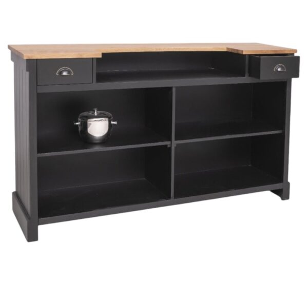 Moderne bar, balie, toonbank met latjes. het heeft 4 grote vakken en 2 kleine lades voor genoeg opbergruimte. Gemaakt van massief hout in geheel de kleur zwart en het bovenblad in de kleur eiken bruin. De bar kan op verschillende manieren geverfd worden in verschillende kleuren en kan op maat gemaakt worden. Villa Laura