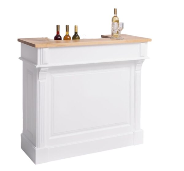 Landelijke klassieke bar, balie, toonbank, receptie met vier open vakken, twee kleine en twee grote lades voor opbergruimte. Gemaakt van massief eiken hout in de kleur wit met licht eiken blad. Het meubel kan op verschillende manieren geverfd worden in verschillende kleuren en kan op maat gemaakt worden. Villa Laura
