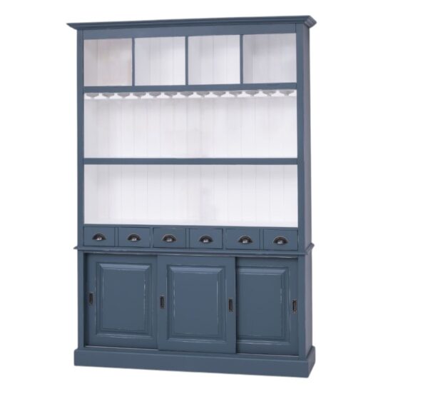 een groot landelijk drankkast/buffetkast/wijnkast. De kast heeft wijnglazenhouder/wijnglazenrek, laadjes en schuifdeuren. de kast is perfect om uw mooie flessen te etaleren. Gemaakt van massief hout eiken in de kleur blauw grijs, blauwgrijs met een witte binnenkant. de drankkast is 150 cm lang of het kan op maat gemaakt worden. Villa Laura