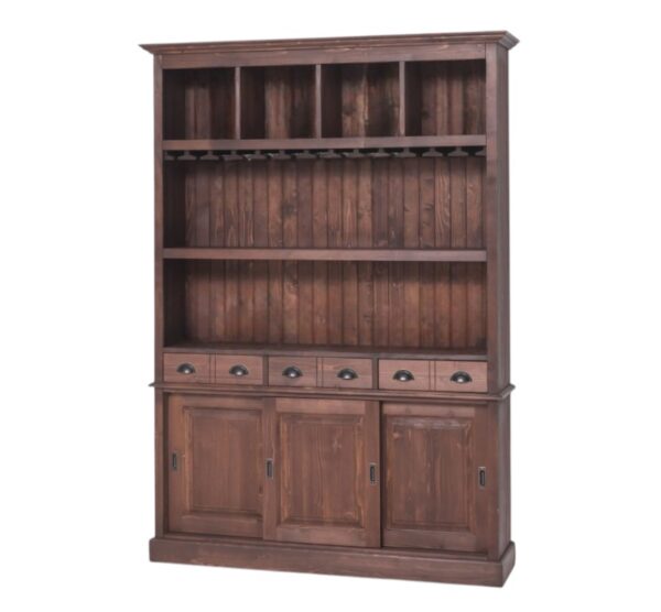een groot landelijk drankkast/buffetkast/wijnkast. De kast heeft wijnglazenhouder/wijnglazenrek, laadjes en schuifdeuren. de kast is perfect om uw mooie flessen te etaleren. Gemaakt van massief hout eiken in de kleur donker bruin hout, wenge, walnoot. de drankkast is 150 cm lang of het kan op maat gemaakt worden. Villa Laura