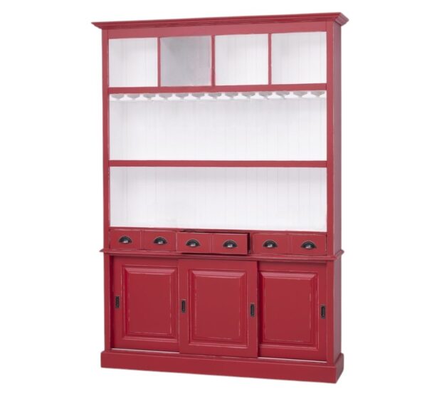 een groot landelijk drankkast/buffetkast/wijnkast. De kast heeft wijnglazenhouder/wijnglazenrek, laadjes en schuifdeuren. de kast is perfect om uw mooie flessen te etaleren. Gemaakt van massief hout eiken in de kleur rood een witte binnenkant. de drankkast is 150 cm lang of het kan op maat gemaakt worden. Villa Laura