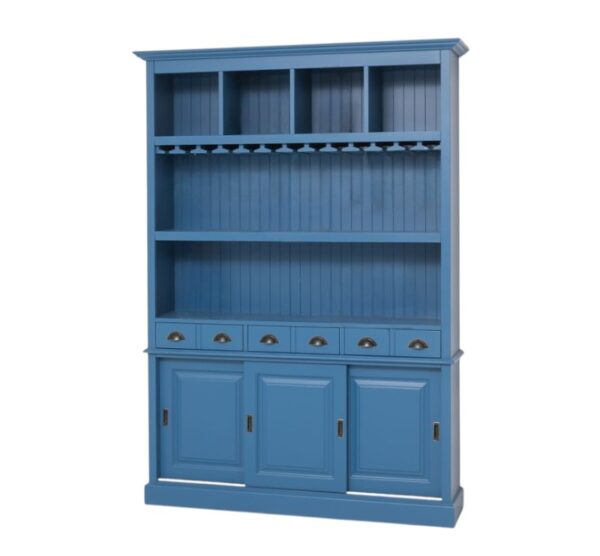 een groot landelijk drankkast/buffetkast/wijnkast. De kast heeft wijnglazenhouder/wijnglazenrek, laadjes en schuifdeuren. de kast is perfect om uw mooie flessen te etaleren. Gemaakt van massief hout eiken in de kleur antraciet konings blauw, azuurblauw. de drankkast is 150 cm lang of het kan op maat gemaakt worden. Villa Laura