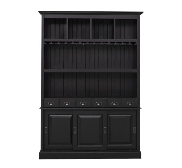 een groot landelijk drankkast/buffetkast/wijnkast. De kast heeft wijnglazenhouder/wijnglazenrek, laadjes en schuifdeuren. de kast is perfect om uw mooie flessen te etaleren. Gemaakt van massief hout eiken in de kleur blauw grijs, blauwgrijs met een witte binnenkant. de drankkast is 150 cm lang of het kan op maat gemaakt worden. Villa Laura