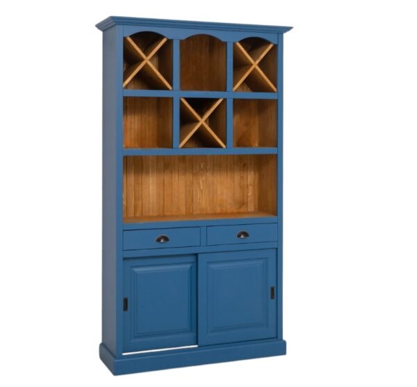 Landelijke buffetkast/wijnkast met verschillende open vakken, lades en deuren. Gemaakt van massief eiken hout in de kleur koningsblauw kobalt blauw met naturel. Het meubel kan op verschillende manieren geverfd worden in verschillende kleuren en kan op maat gemaakt worden. Villa Laura