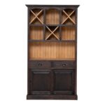 Landelijke buffetkast/wijnkast met verschillende open vakken, lades en deuren. Gemaakt van massief eiken hout in de kleur wenge walnoot donker bruin hout met naturel. binnenkant. Het meubel kan op verschillende manieren geverfd worden in verschillende kleuren en kan op maat gemaakt worden. Villa Laura