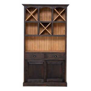 Landelijke buffetkast/wijnkast met verschillende open vakken, lades en deuren. Gemaakt van massief eiken hout in de kleur wenge walnoot donker bruin hout met naturel. binnenkant. Het meubel kan op verschillende manieren geverfd worden in verschillende kleuren en kan op maat gemaakt worden. Villa Laura