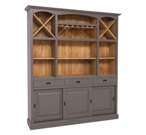 Landelijke buffetkast/wijnkast met verschillende open vakken, deuren en lades. Gemaakt van massief eiken hout in de kleur antraciet grijs met naturel. Het meubel kan op verschillende manieren geverfd worden in verschillende kleuren en kan op maat gemaakt worden. Villa Laura