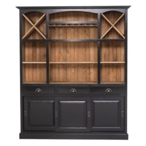 Landelijke buffetkast/wijnkast met verschillende open vakken, deuren en lades. Gemaakt van massief eiken hout in de kleur zwart met naturel. Het meubel kan op verschillende manieren geverfd worden in verschillende kleuren en kan op maat gemaakt worden. Villa Laura