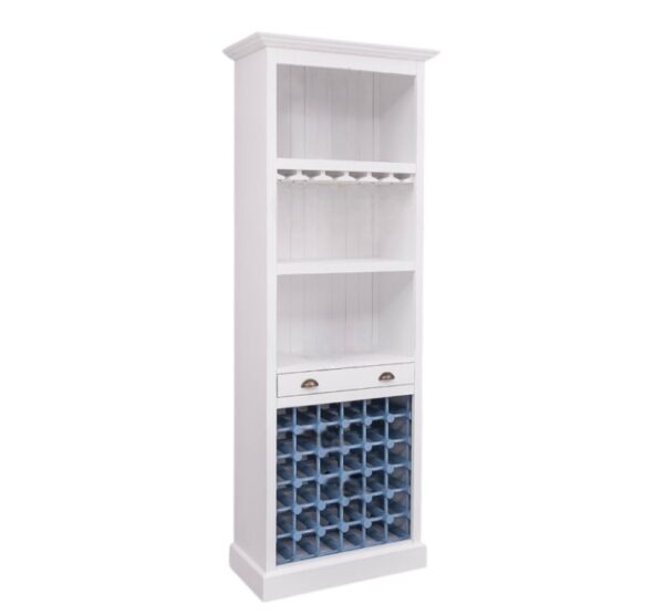 Landelijke wijnkast met een wijnrek, open vakken en plek om wijnglazen op te hangen (ophangrek wijnglazen). Gemaakt van massief eiken hout in de kleur wit en licht blauwe flessenrek. Het meubel kan op verschillende manieren geverfd worden in verschillende kleuren en kan op maat gemaakt worden. Villa Laura