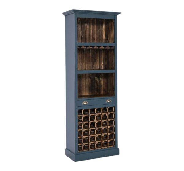 Landelijke wijnkast met een wijnrek, open vakken en plek om wijnglazen op te hangen (ophangrek wijnglazen). Gemaakt van massief eiken hout in de kleur donker blauw. Het meubel kan op verschillende manieren geverfd worden in verschillende kleuren en kan op maat gemaakt worden. Villa Laura
