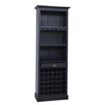 Landelijke wijnkast met een wijnrek, open vakken en plek om wijnglazen op te hangen (ophangrek wijnglazen). Gemaakt van massief eiken hout in de kleur zwart. Het meubel kan op verschillende manieren geverfd worden in verschillende kleuren en kan op maat gemaakt worden. Villa Laura