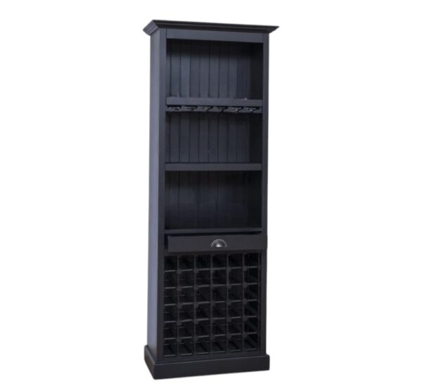 Landelijke wijnkast met een wijnrek, open vakken en plek om wijnglazen op te hangen (ophangrek wijnglazen). Gemaakt van massief eiken hout in de kleur zwart. Het meubel kan op verschillende manieren geverfd worden in verschillende kleuren en kan op maat gemaakt worden. Villa Laura