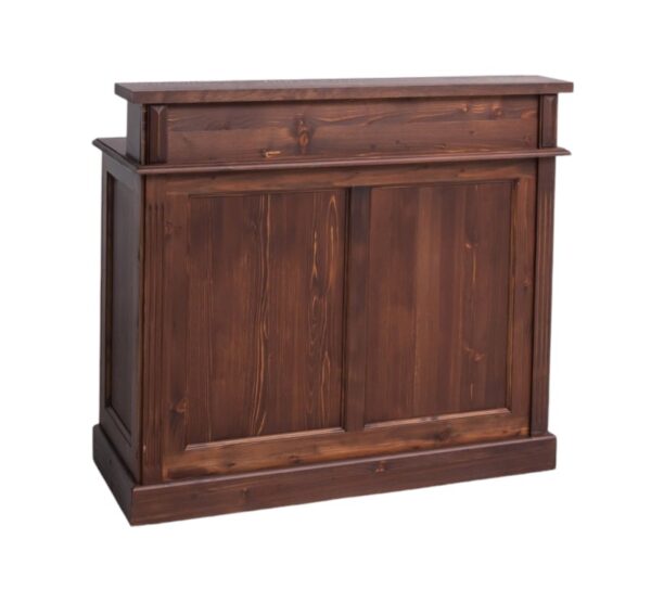 Landelijke bar, balie, toonbank, receptie met hoge voorkant en vier open vakken en twee lades voor opbergruimte. Gemaakt van massief eiken hout in de kleur kersen roodbruin hout. Het meubel kan op verschillende manieren geverfd worden in verschillende kleuren en kan op maat gemaakt worden. Villa Laura
