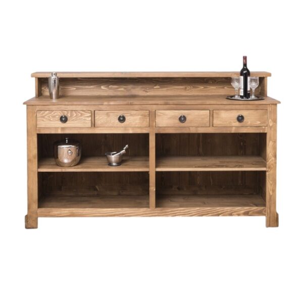 Landelijke bar/balie/ toonbank met vier open vakken en vier grote lades voor opbergruimte. Gemaakt van massief eiken hout in de kleur zwart. Het meubel kan op verschillende manieren geverfd worden in verschillende kleuren en kan op maat gemaakt worden. Villa Laura