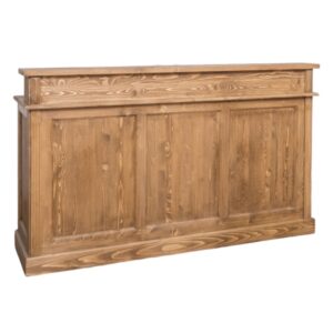 Landelijke bar/balie/ toonbank met vier open vakken en vier grote lades voor opbergruimte. Gemaakt van massief eiken hout in de kleur licht naturel eiken. Het meubel kan op verschillende manieren geverfd worden in verschillende kleuren en kan op maat gemaakt worden. Villa Laura