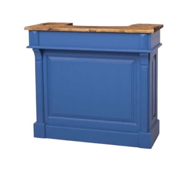 Landelijke klassieke bar, balie, toonbank, receptie met vier open vakken, twee kleine en twee grote lades voor opbergruimte. Gemaakt van massief eiken hout in de kleur koningsblauw, kobalt blauw vintagelook. Het meubel kan op verschillende manieren geverfd worden in verschillende kleuren en kan op maat gemaakt worden. Villa Laura