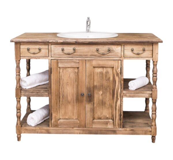 Landelijk badkamermeubel met dubbele deuren, vier open vakken en twee kleine en één grote lade. Gemaakt van massief eiken hout in de kleur warm bruin eiken. Het meubel kan op verschillende manieren geverfd worden in verschillende kleuren en kan op maat gemaakt worden. Villa Laura
