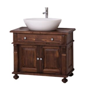 Landelijk badkamermeubel met bolpoten en ornamenten. het heeft twee deuren en een grote lade. Gemaakt van massief eiken hout in de kleur warm bruin beits. Het meubel kan op verschillende manieren geverfd worden in verschillende kleuren en kan op maat gemaakt worden. Villa Laura