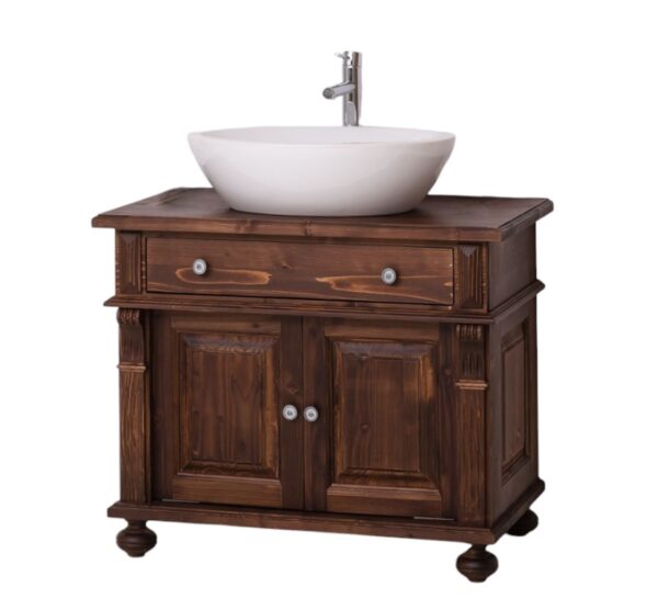 Landelijk badkamermeubel met bolpoten en ornamenten. het heeft twee deuren en een grote lade. Gemaakt van massief eiken hout in de kleur warm bruin beits. Het meubel kan op verschillende manieren geverfd worden in verschillende kleuren en kan op maat gemaakt worden. Villa Laura