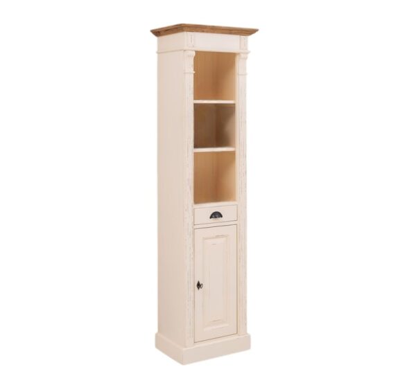 landelijk klassieke boekenkast met lade en deur. de planken in de kast zijn verstelbaar. Gemaakt van massief hout eiken in de kleur roomwit, vanille. Het kan op maat gemaakt worden. Villa Laura