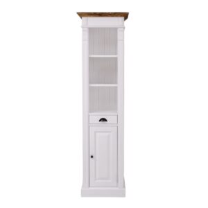 landelijk klassieke boekenkast met lade en deur. de planken in de kast zijn verstelbaar. Gemaakt van massief hout eiken in de kleur wit en een bruine koof. Het kan op maat gemaakt worden. Villa Laura