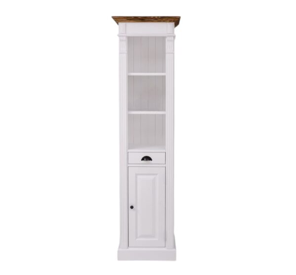 landelijk klassieke boekenkast met lade en deur. de planken in de kast zijn verstelbaar. Gemaakt van massief hout eiken in de kleur wit en een bruine koof. Het kan op maat gemaakt worden. Villa Laura