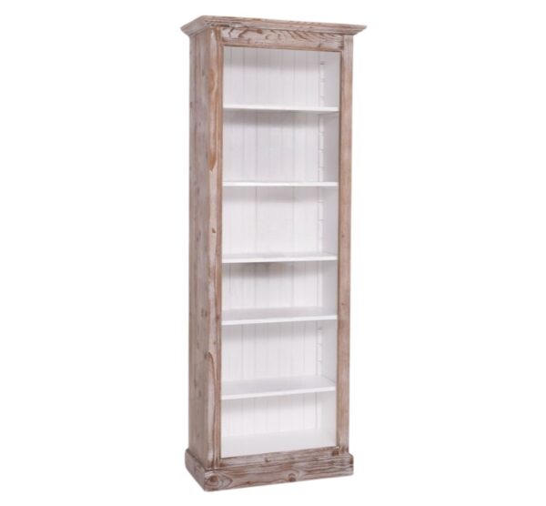 Landelijke boekenkast met zes verstelbare open vakken. Gemaakt van massief eiken hout in de kleur rustiek white wash met witte binnenkant. Het meubel kan op verschillende manieren geverfd worden in verschillende kleuren en kan op maat gemaakt worden. Villa Laura