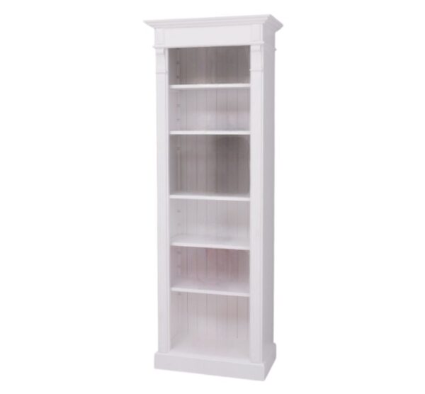 Landelijke boekenkast/schappenkast met verstelbare open vakken en uitschuifbare plank. Gemaakt van massief eiken hout in de kleur wit. Het meubel kan op verschillende manieren geverfd worden in verschillende kleuren en kan op maat gemaakt worden. Villa Laura