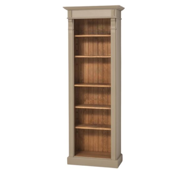 Landelijke boekenkast/schappenkast met verstelbare open vakken en uitschuifbare plank. Gemaakt van massief eiken hout in de kleur taupe bruin met naturel binnenkant. Het meubel kan op verschillende manieren geverfd worden in verschillende kleuren en kan op maat gemaakt worden. Villa Laura