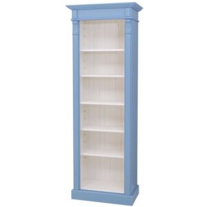 Landelijke boekenkast/schappenkast met verstelbare open vakken en uitschuifbare plank. Gemaakt van massief eiken hout in de kleur blauw met witte binnenkant. Het meubel kan op verschillende manieren geverfd worden in verschillende kleuren en kan op maat gemaakt worden. Villa Laura